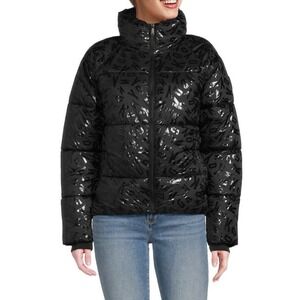 DKNY Sport Puffer Jacket Black Logo Print Full Zip Stand Collar‎ Womens